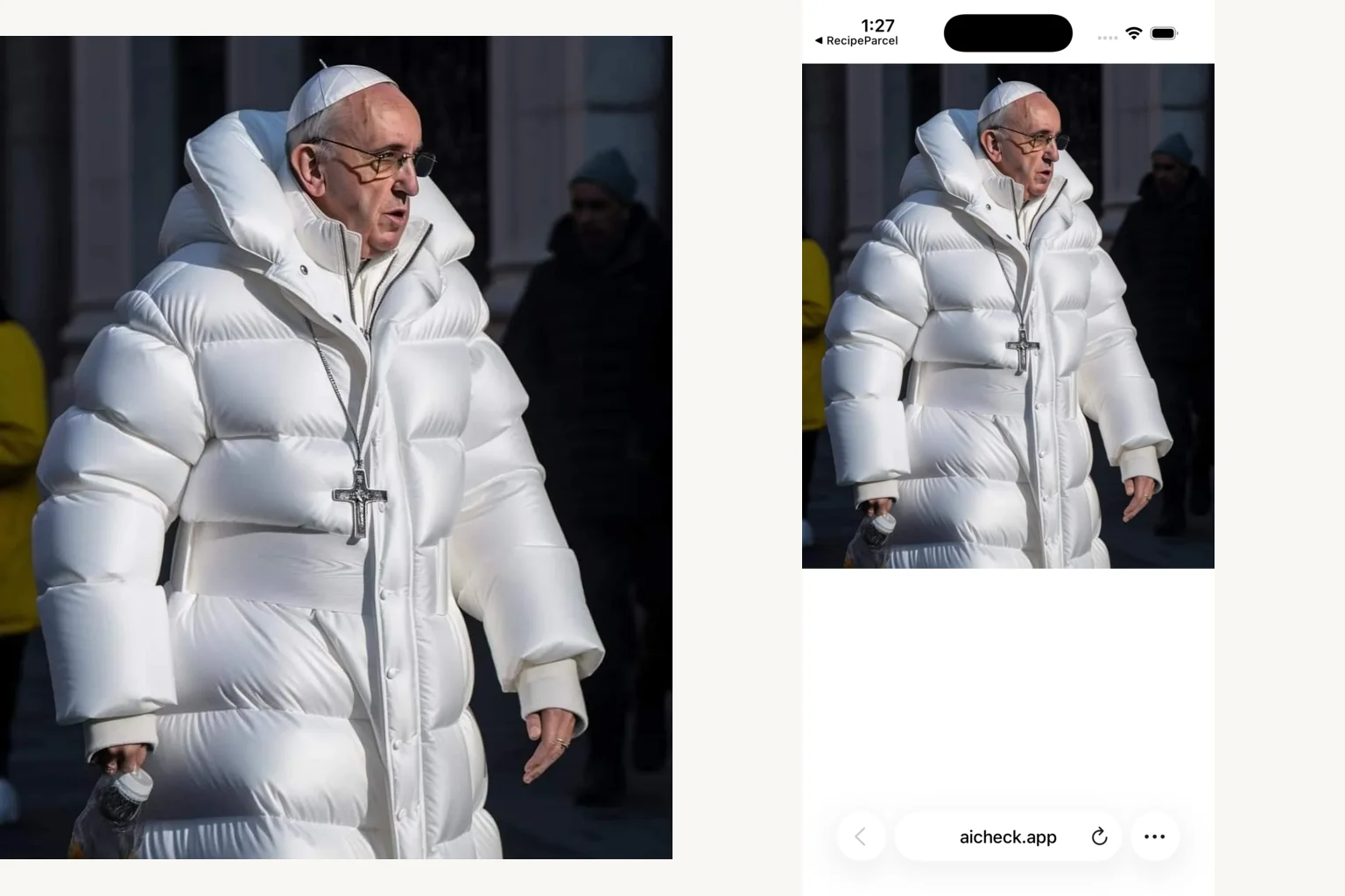 The same Midjourney Pope image shown as a baseline file and an iPhone Safari screenshot