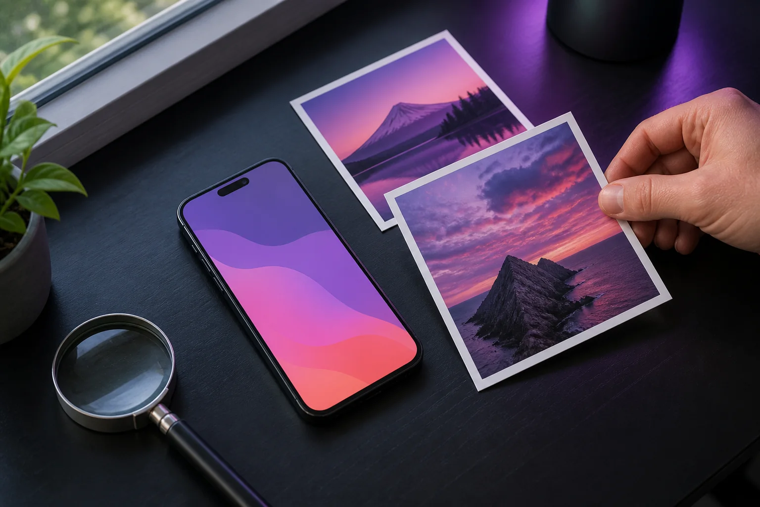 Unbranded smartphone beside printed photos and a magnifying glass on a dark desk