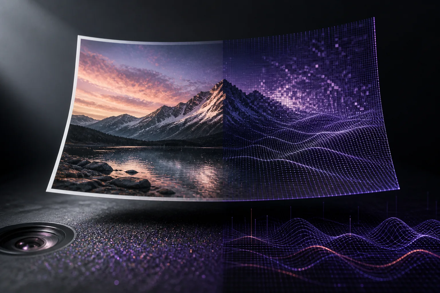 Photographic mountain scene transitioning into synthetic pixel and frequency patterns