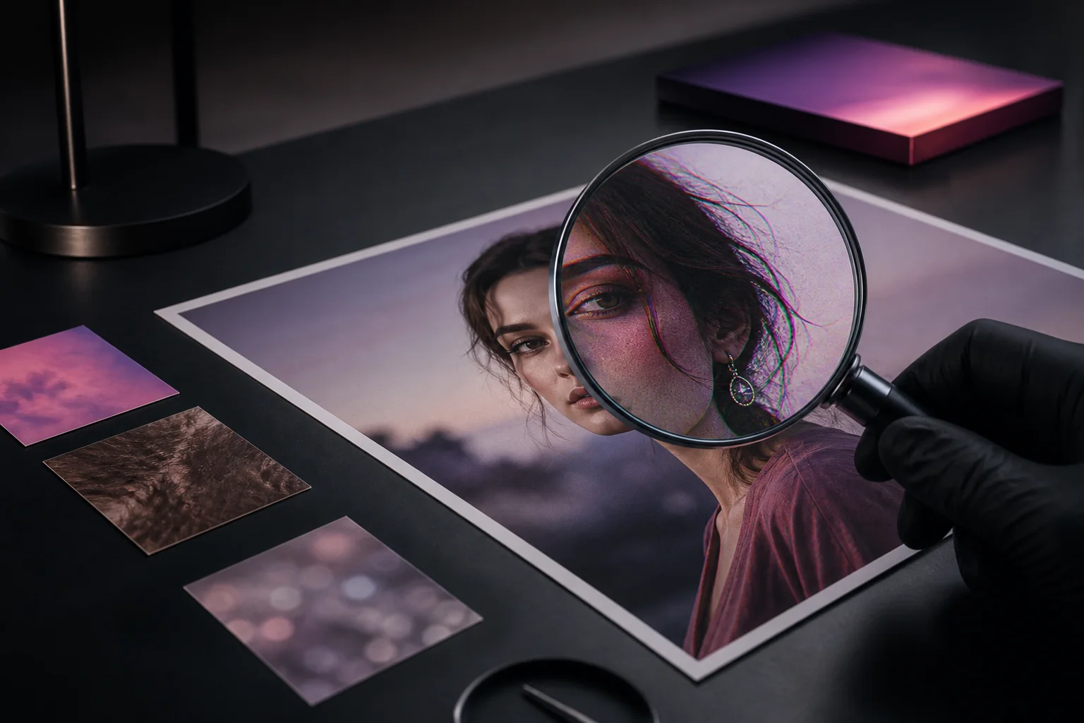 Magnifying glass examining subtle artifacts in a photographic portrait